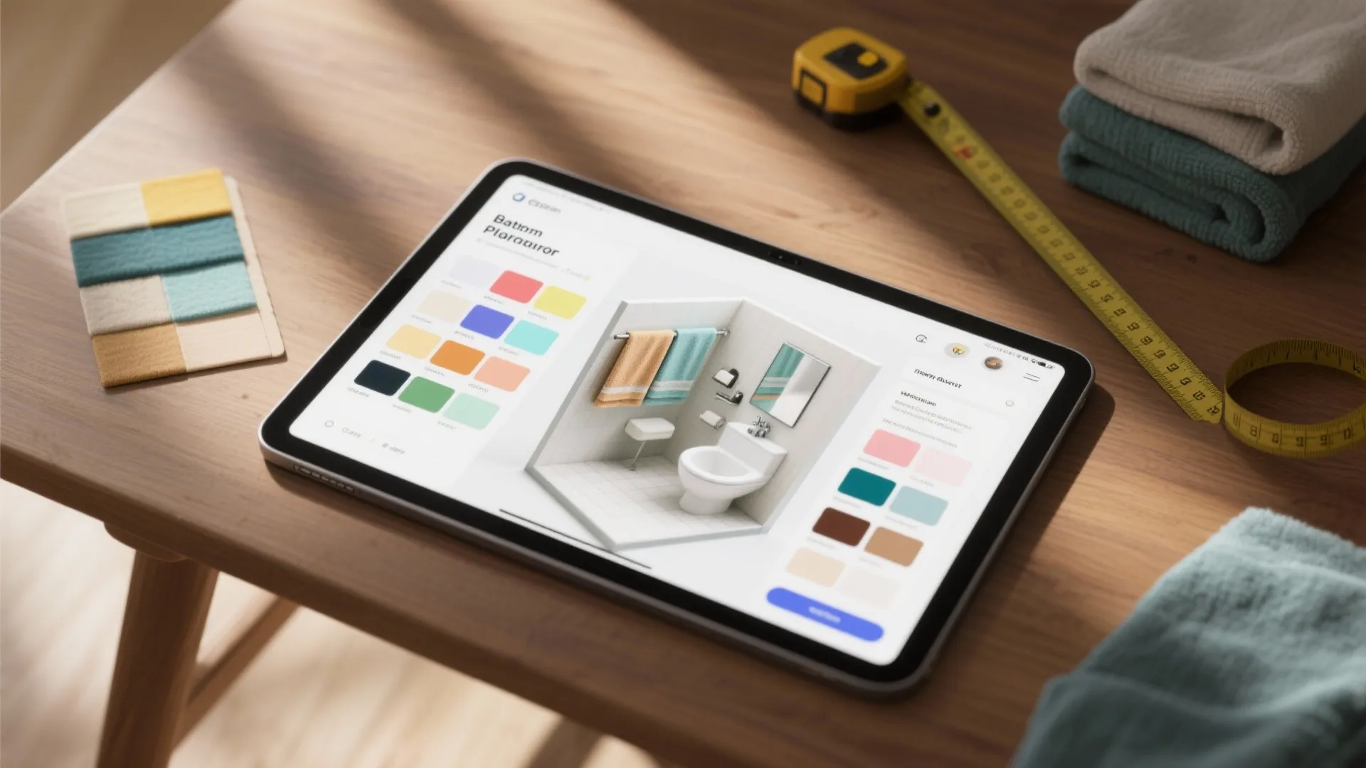 Tablet showing bathroom interior design software with color palettes measuring tape and folded towels nearby