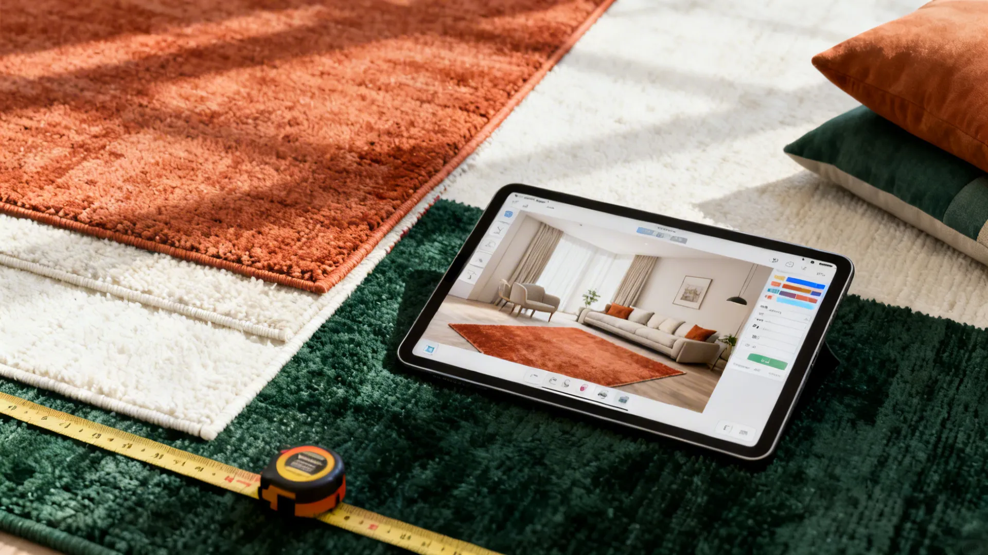 Tablet showing a room planner next to dark green rug swatches and measuring tape.