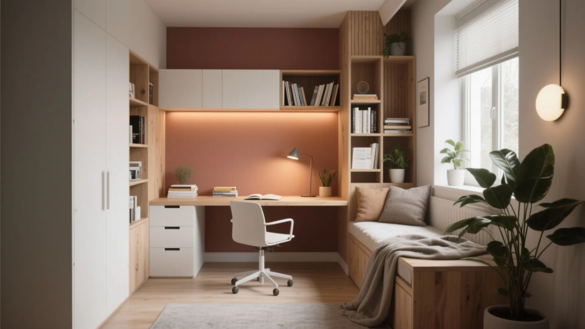 Modern study room featuring terracotta wall, wooden desk, white chair, bookshelves, and a cozy bench