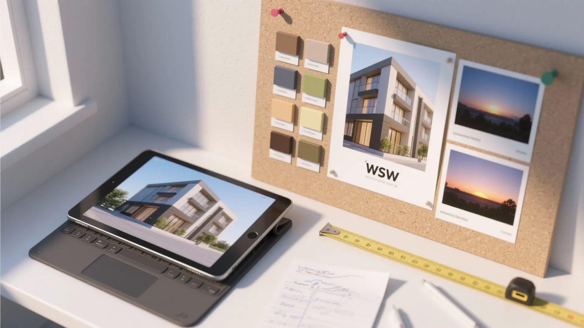 A tablet showing interior design drawing next to cork board with color samples and photos