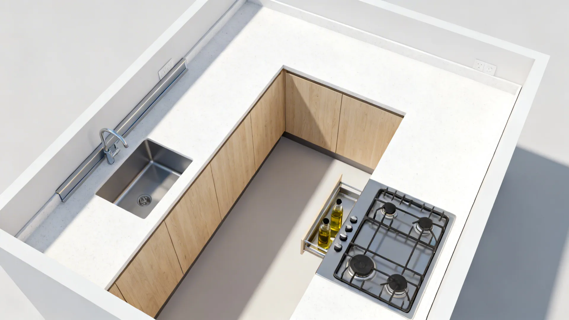 Top-down view of a compact galley with honed Viscont White and a small backsplash strip.