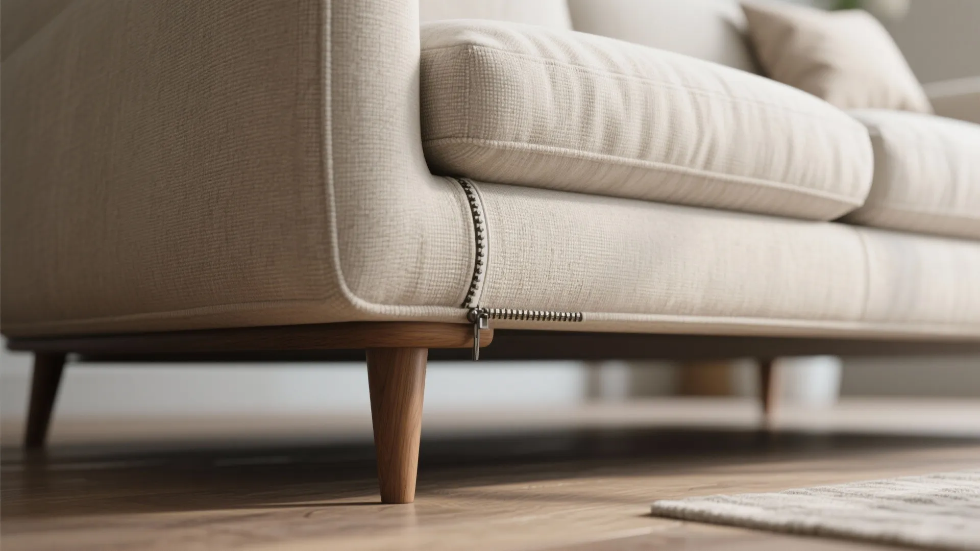 Close up of a beige sofa with wooden legs and a silver zipper on the side