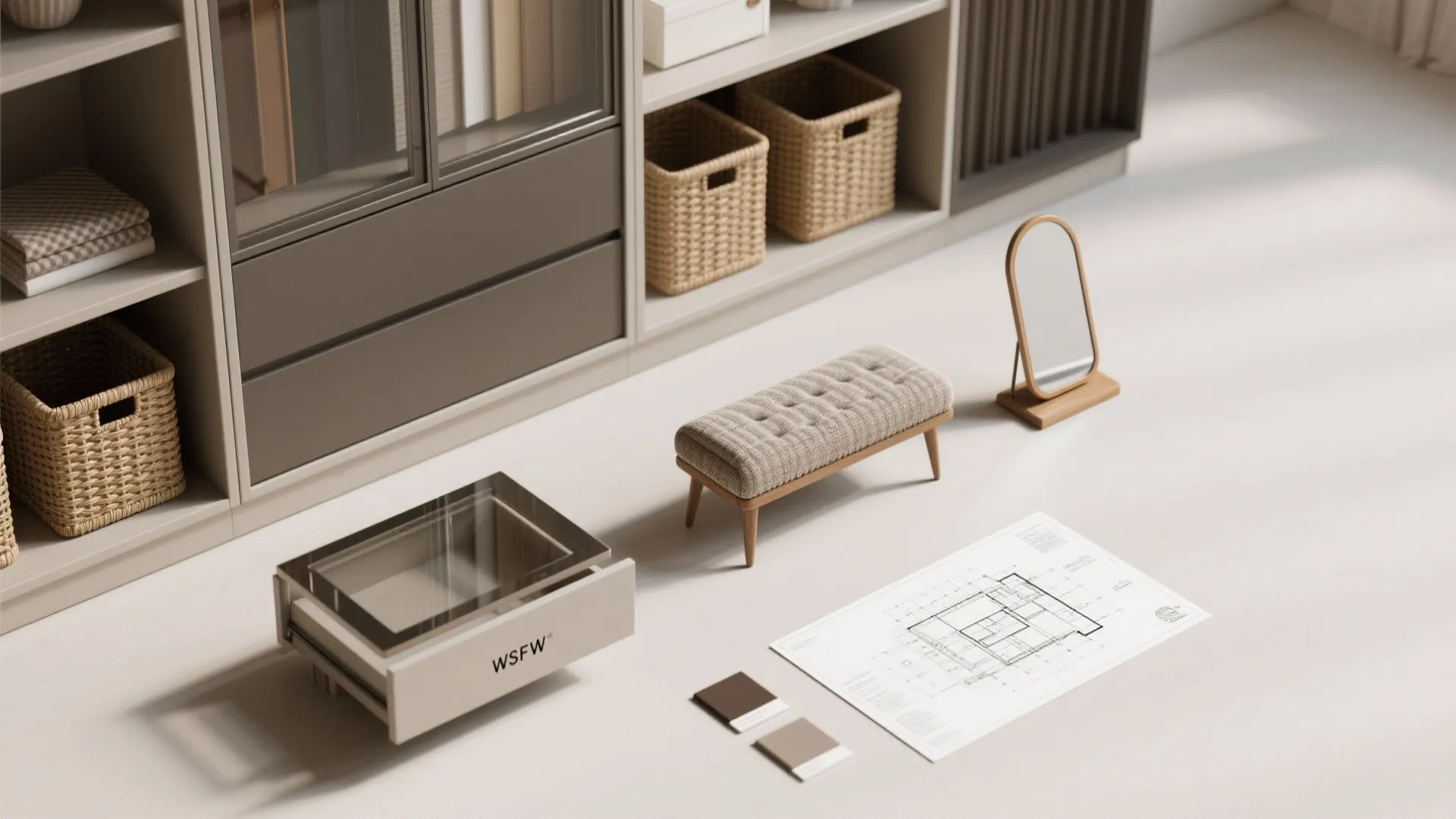 Interior design drawing with furniture samples a small footrest and a mirror on the floor