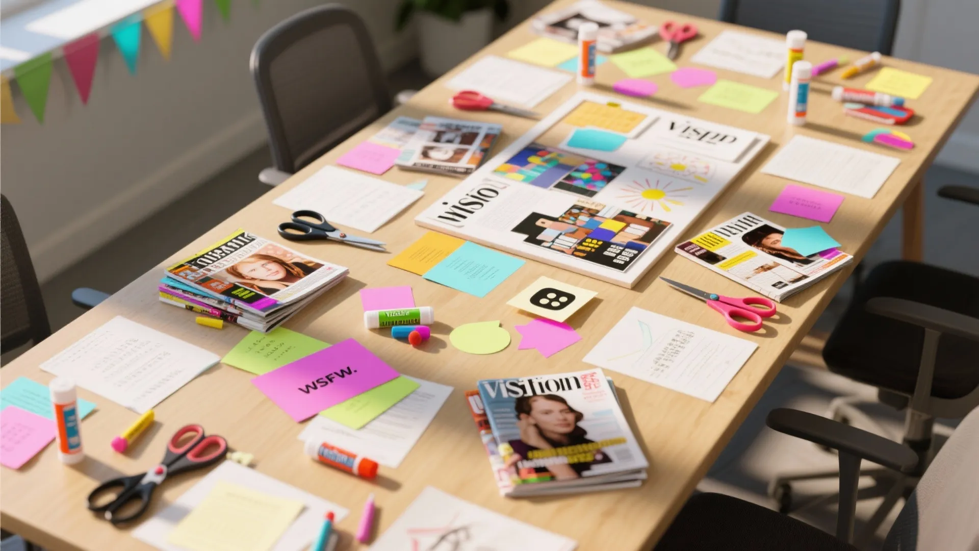 Office table covered with magazines scissors colorful notes and glue for a creative workshop session