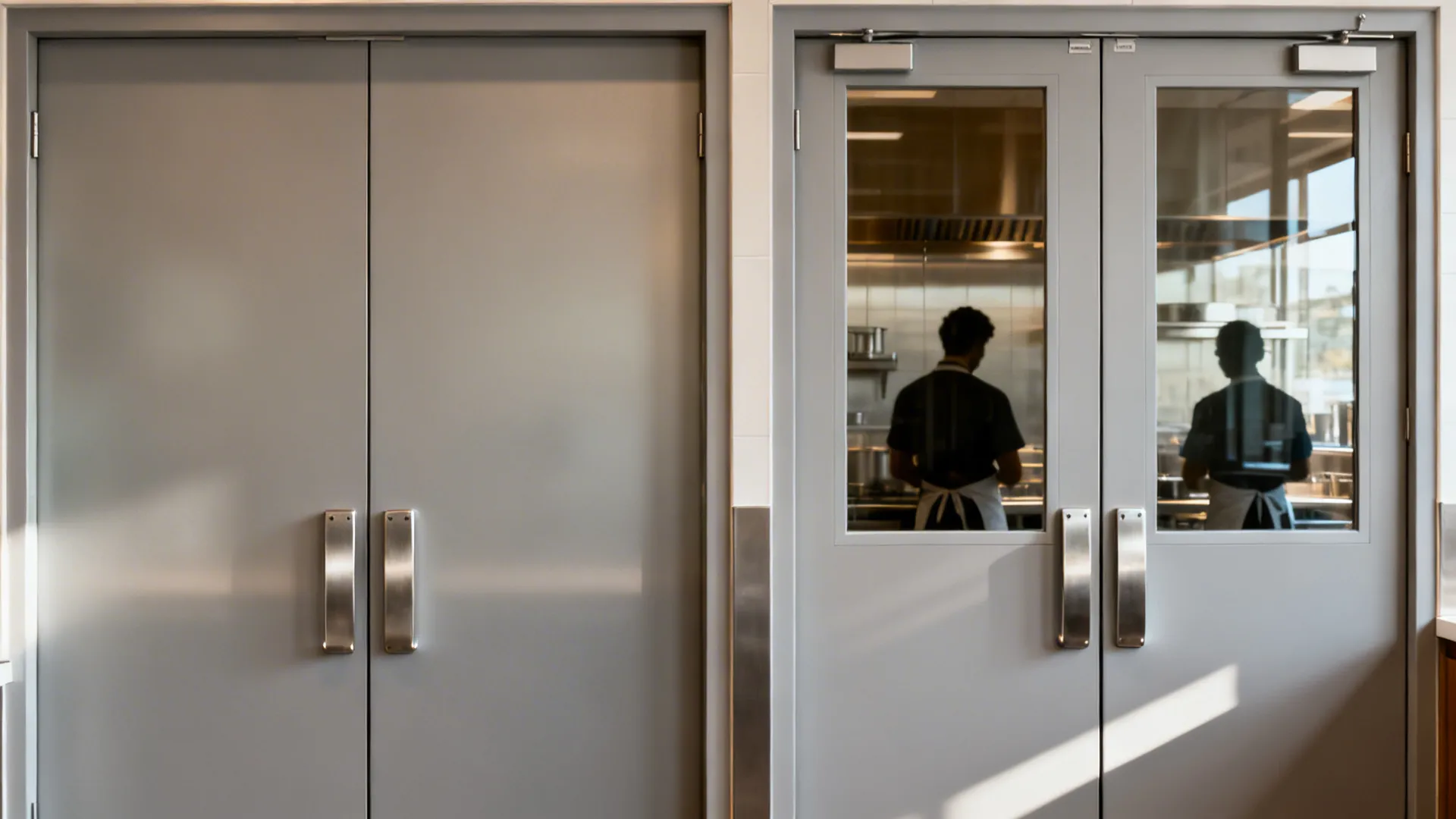 Double swing doors with tall vision panels enhancing visibility between kitchen and dining.