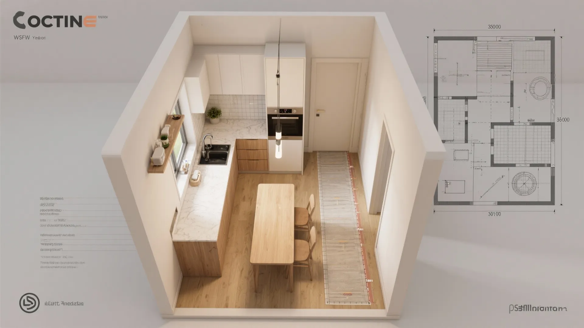 Interior design drawing with a three dimensional small apartment floor plan next to a technical sketch