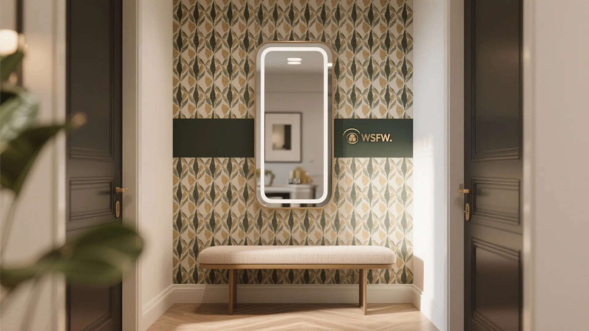 Hallway featuring a glowing wall mirror patterned wallpaper a small bench and two dark doors