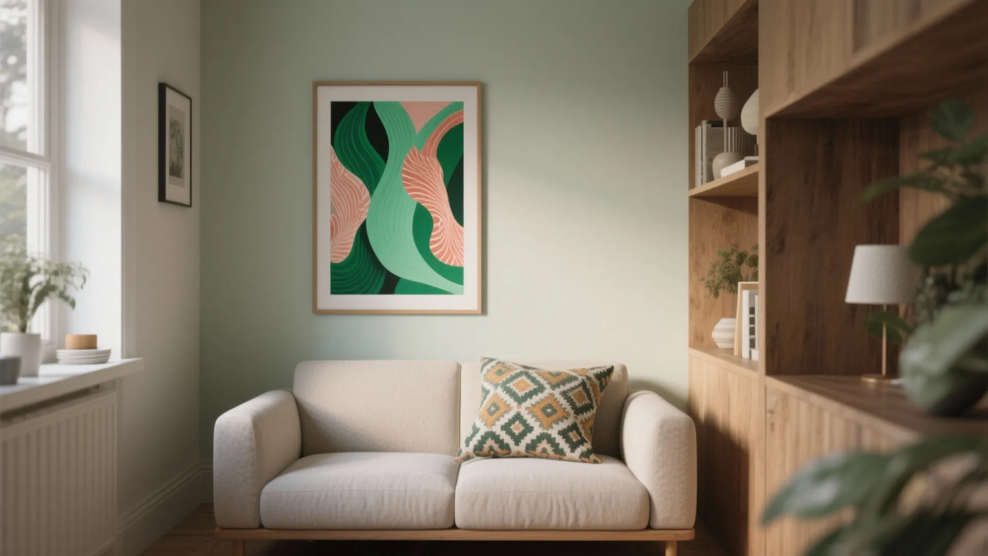 Small sofa with patterned pillow next to a wooden bookshelf and colorful art on wall