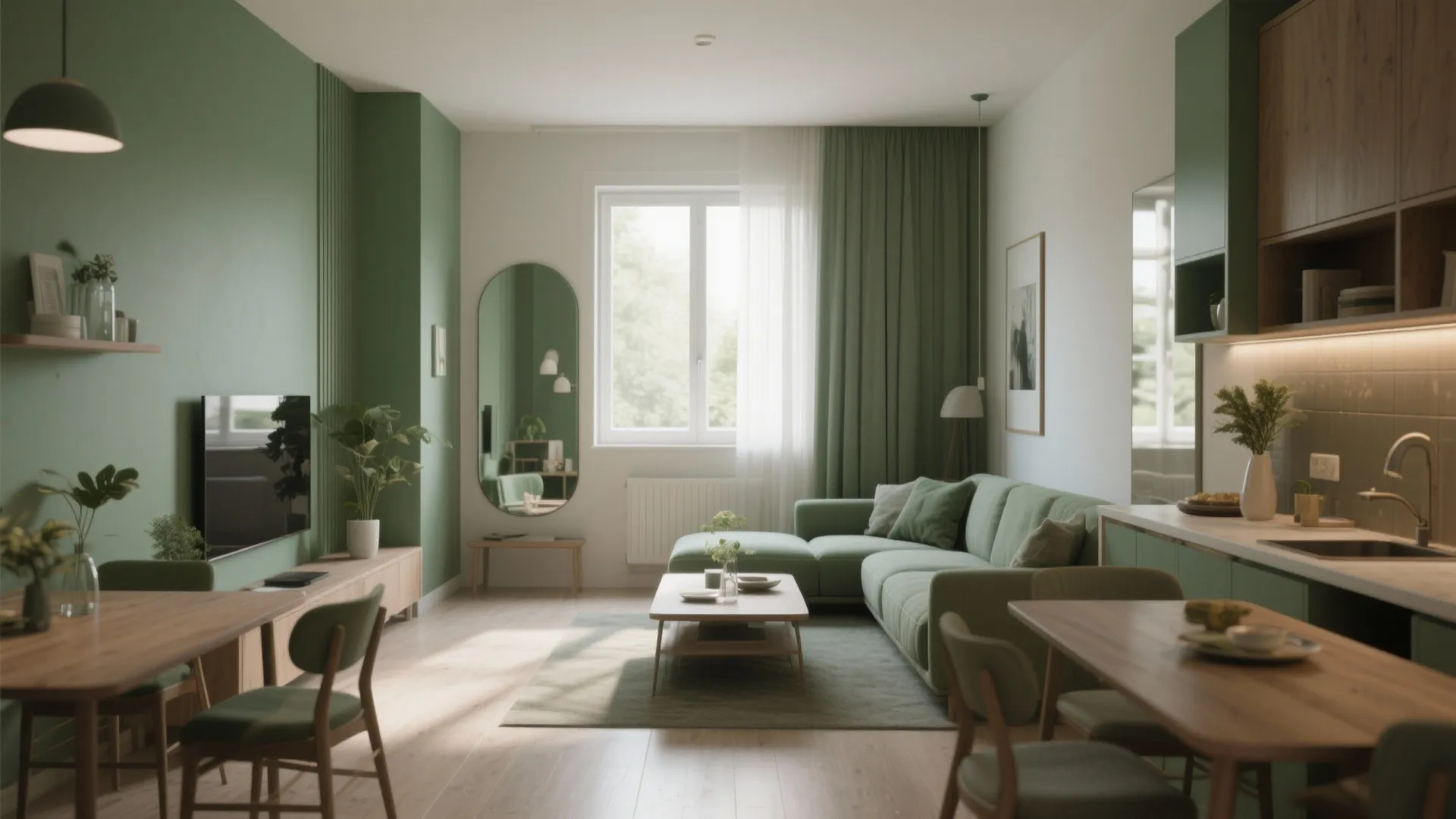 3. Visual continuity: palette, mirrors, and low sightlines