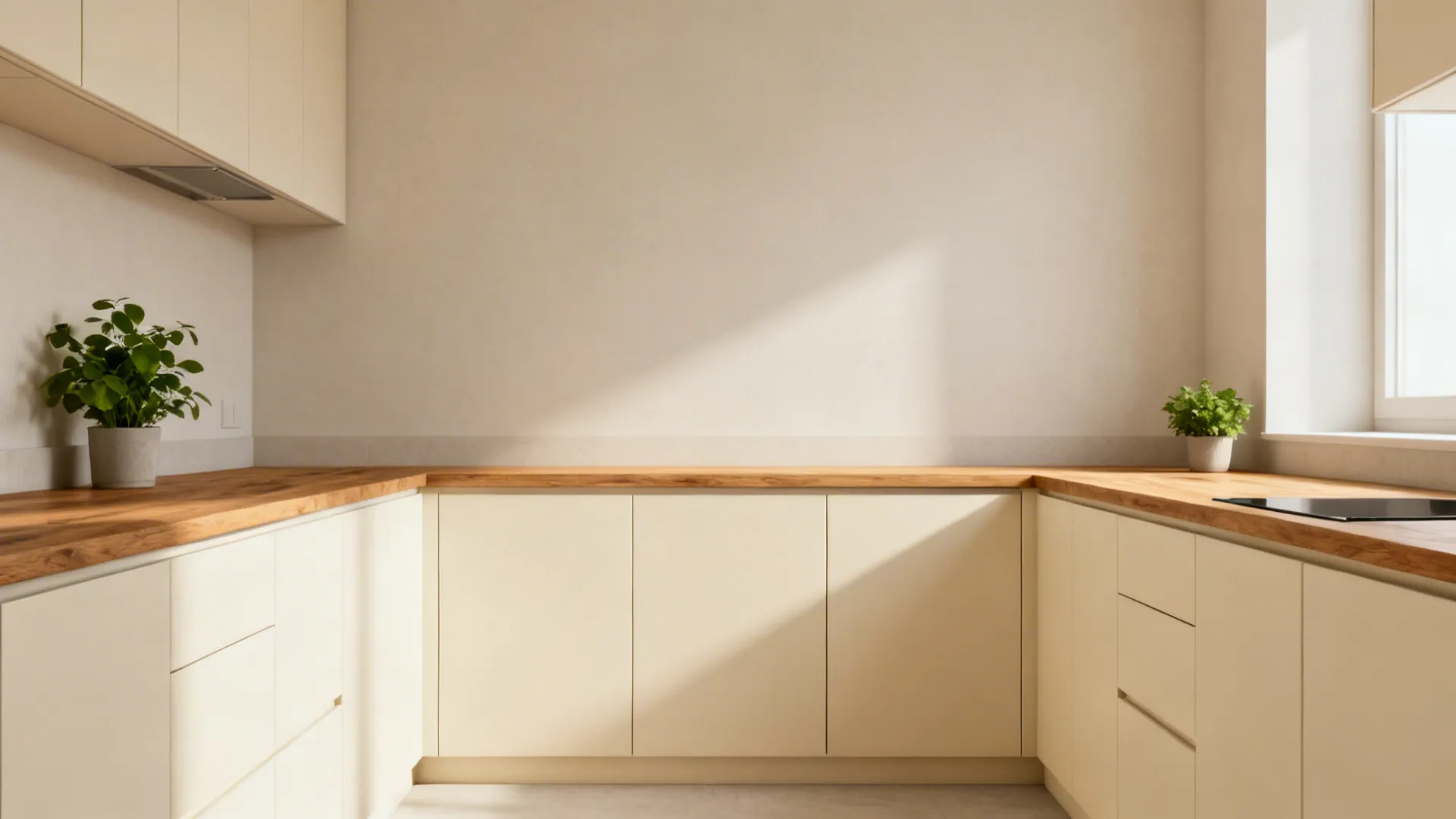 Small kitchen with single-tone lower cabinets and continuous countertop creating a calm, uncluttered plane.