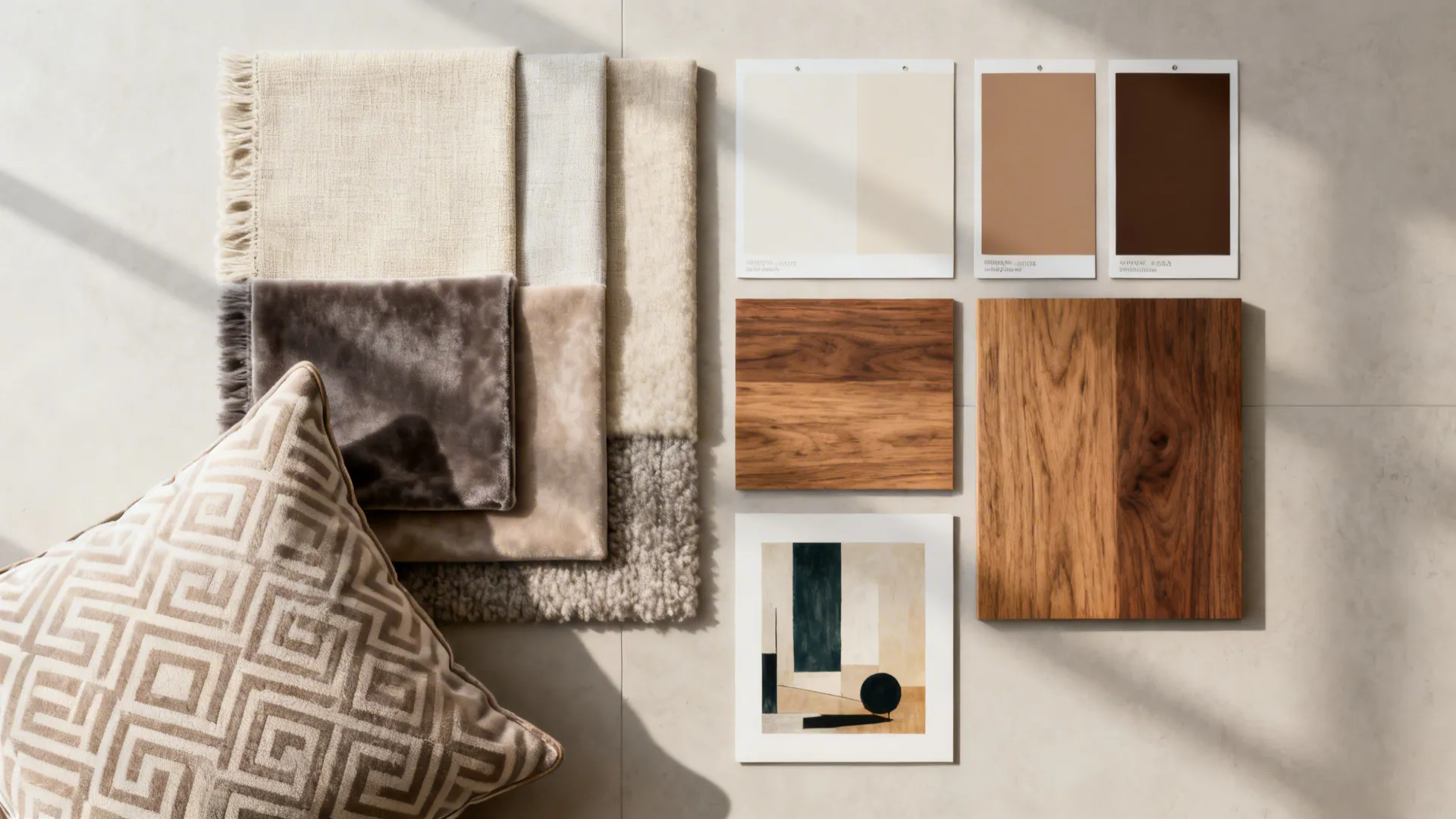Flatlay moodboard of fabric swatches, paint chips, wood samples and a patterned cushion for a cohesive small living room palette.