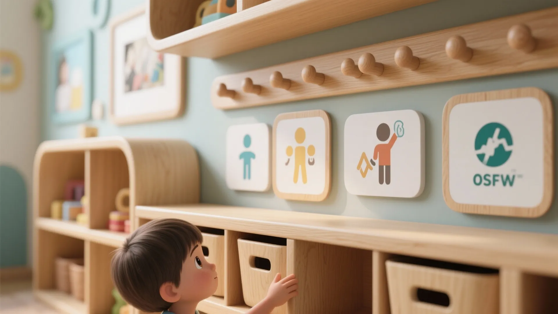 Wooden wall hooks and storage shelves with square visual signs above small boy reaching for bin