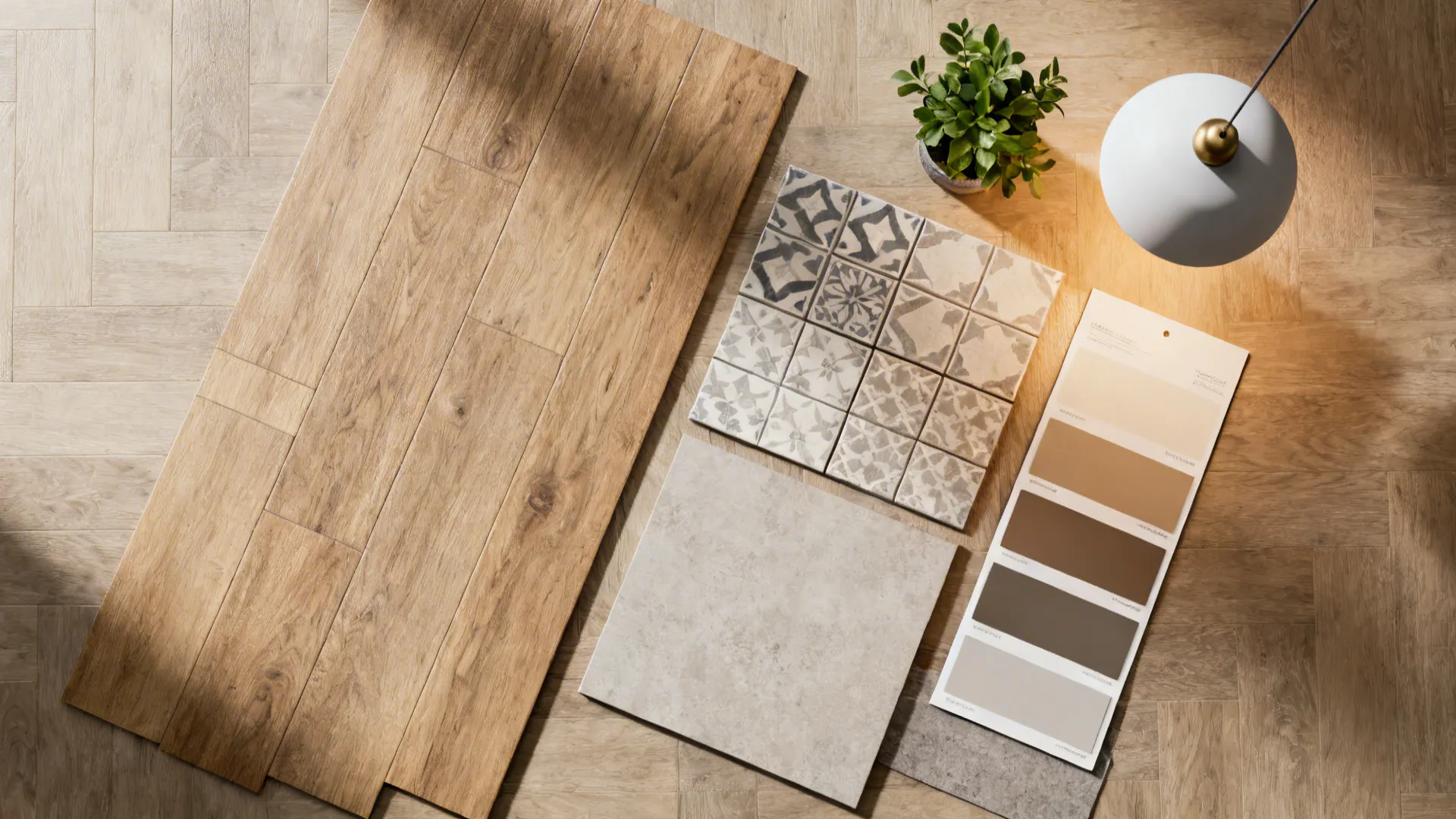 Flatlay of flooring, tile, paint chips, and lighting samples to delineate zones