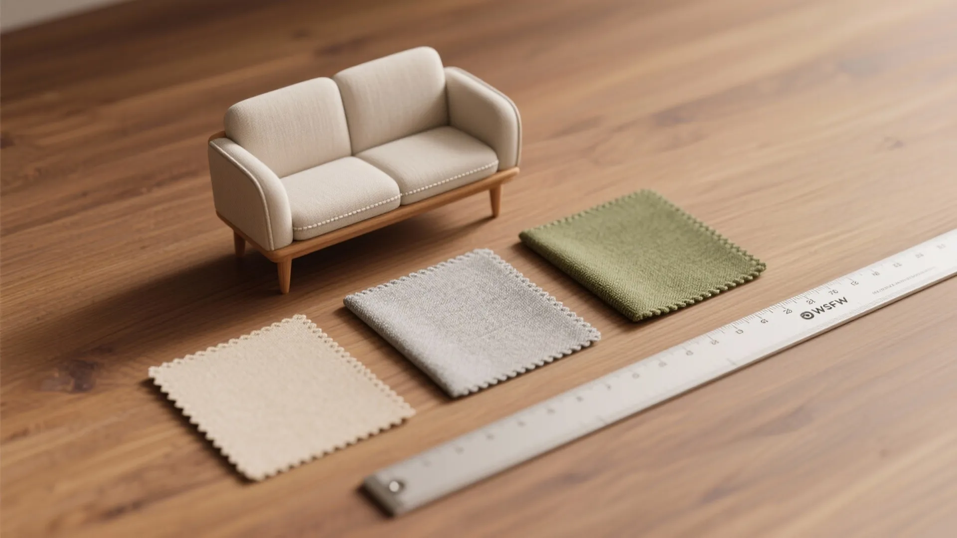 Flatlay of low-back sofa details: wooden legs, fabric swatches, and slim arm profile for scale.