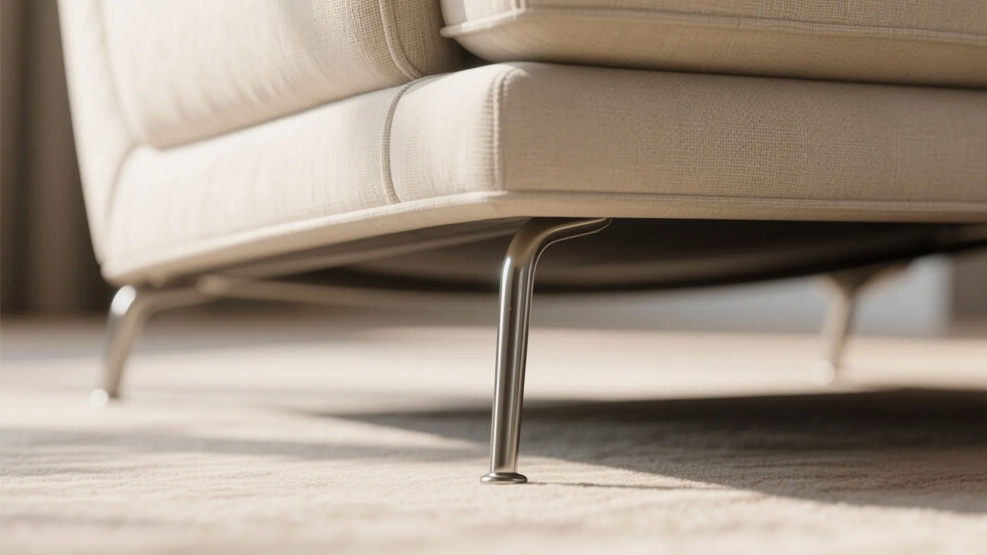 Close-up of a cream fabric sofa with thin metal legs resting on a soft carpet