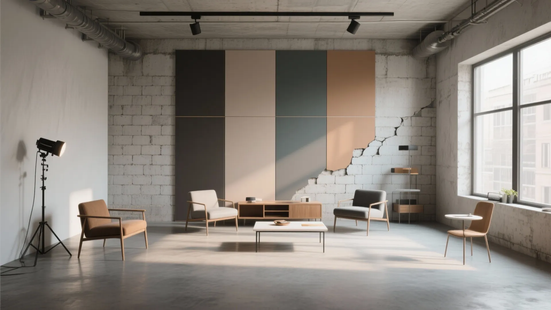 Modern room featuring a brick wall with colorful wall panels and minimalist furniture and lighting