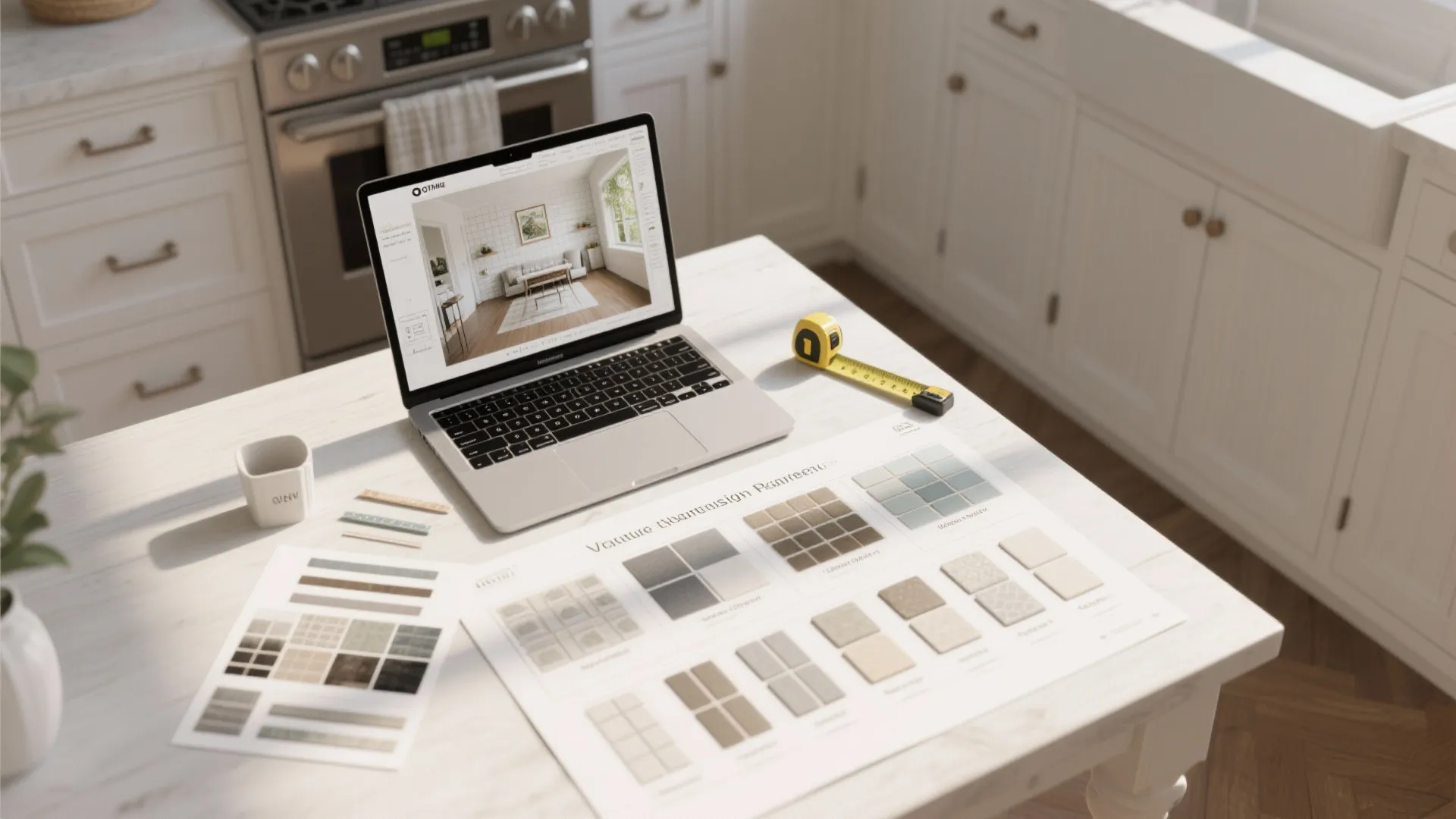 Top-down view of a visual planner setup with tile samples and planner mockups for backsplash testing.