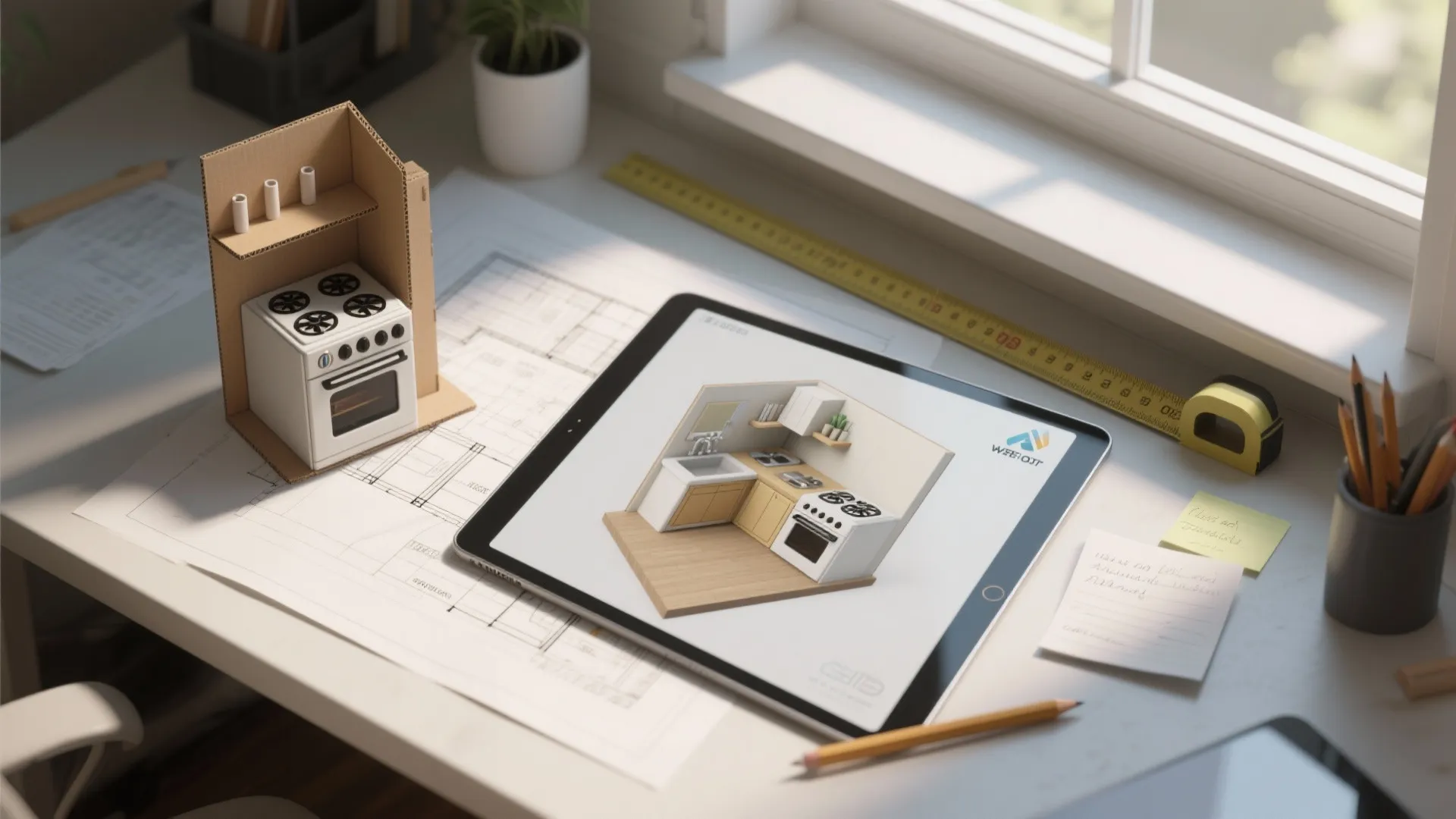 Digital tablet showing a kitchen design drawing next to a cardboard model on a work desk