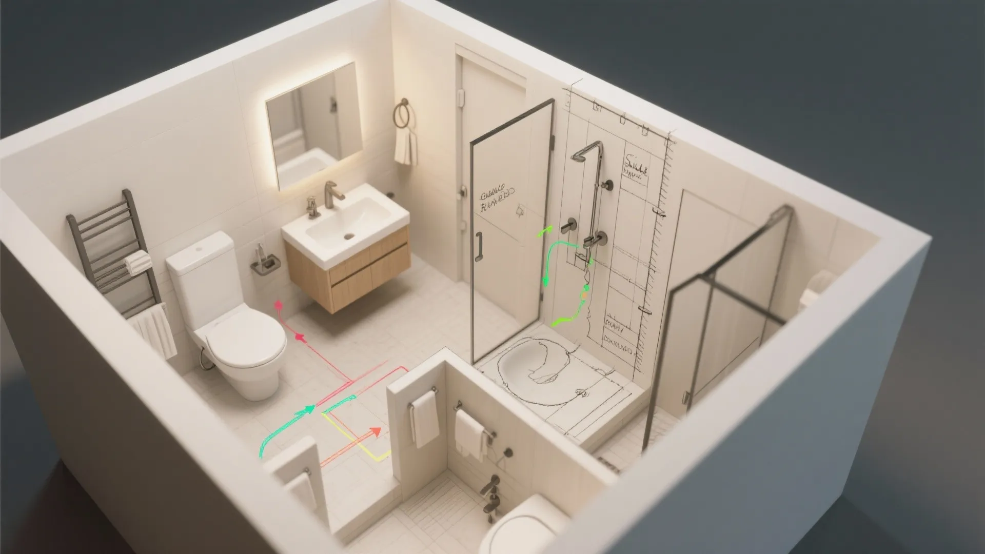 Modern bathroom interior design drawing showing toilet sink shower area with colorful layout planning arrows