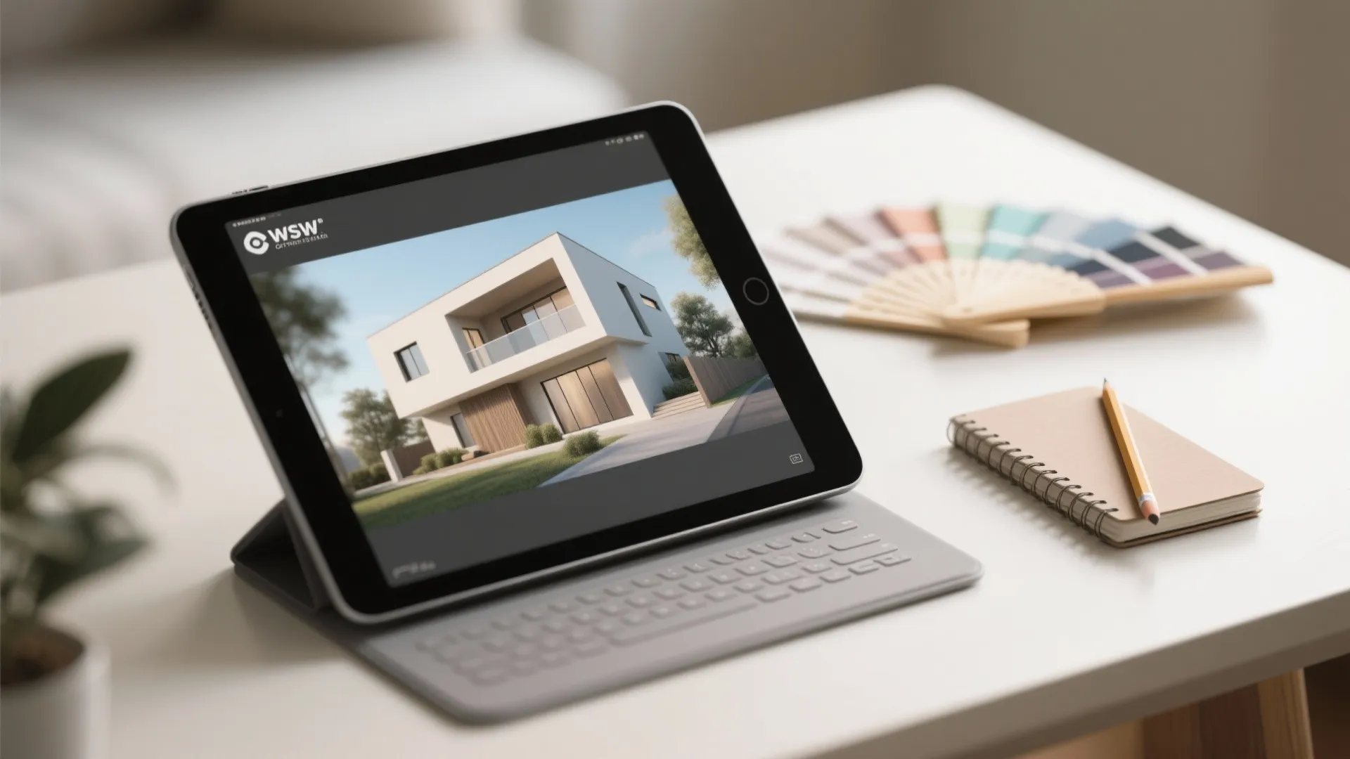 Tablet displaying modern house interior design drawing beside color samples and notebook on white desk