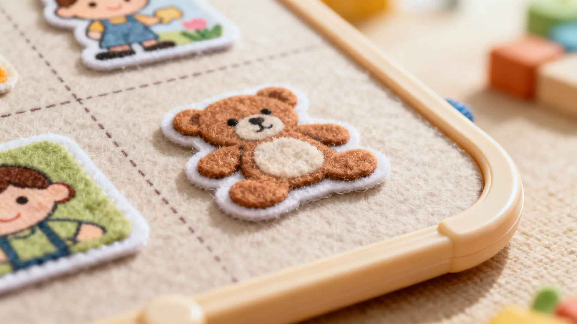 Close-up of velcro picture icons on a matte fabric preschool visual schedule board.