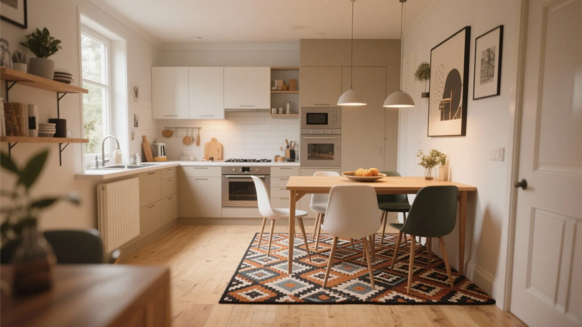 Bold rug visually defining dining space in small apartment