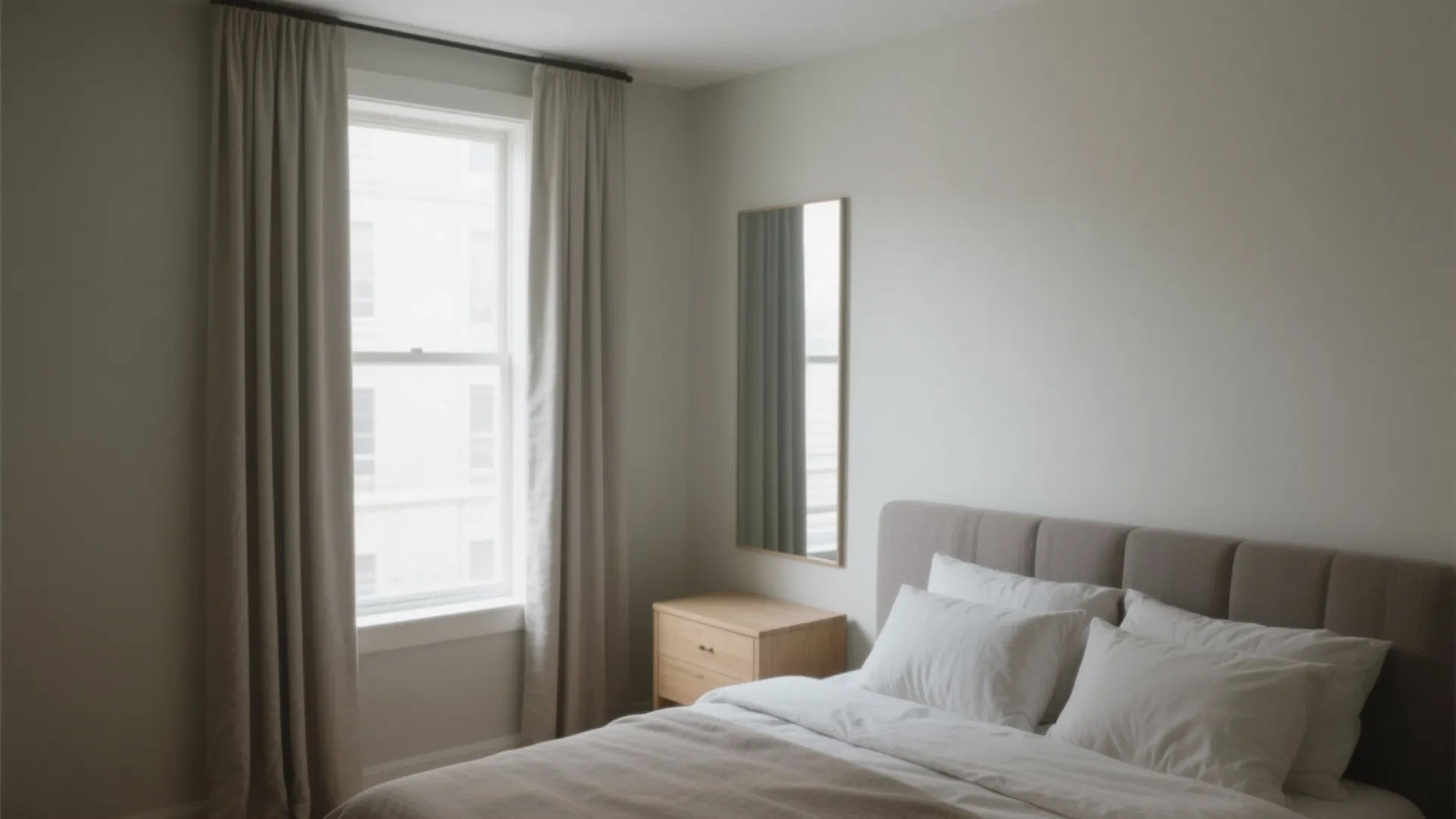 King bedroom with a large mirror and full-height, wide-mounted curtains in a soft neutral palette to make the space feel taller and wider.