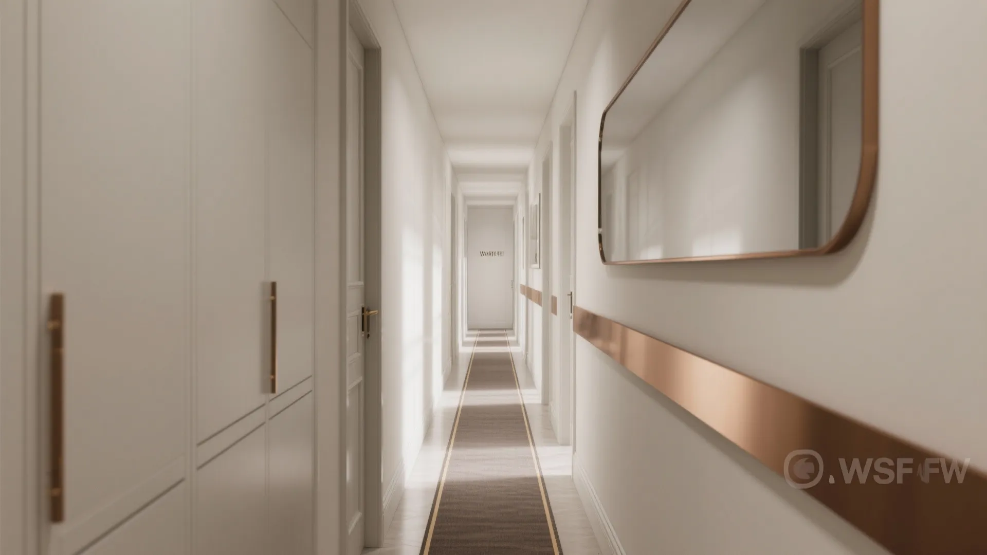 Long bright hallway with white walls bronze wall trim mirror doors and a floor carpet