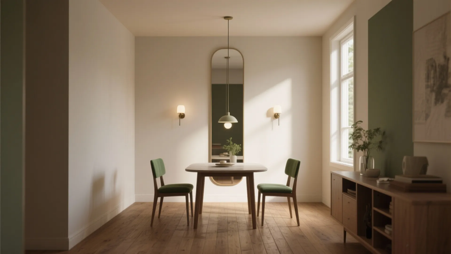 Minimalist dining room with wooden table green chairs wall light long mirror and wood floor finish