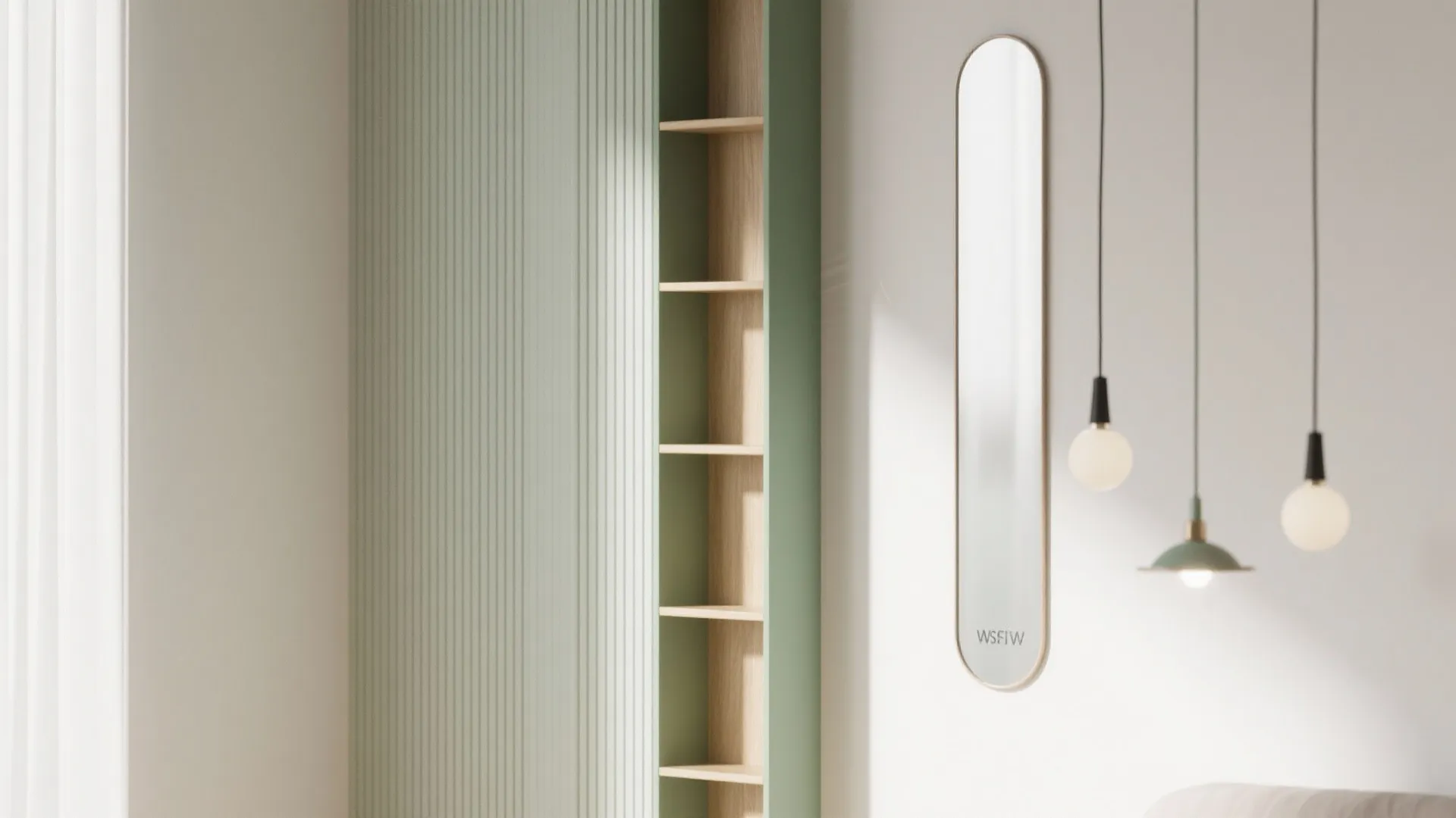 Green fluted cabinet with wooden shelves next to a tall oval mirror and light fixtures