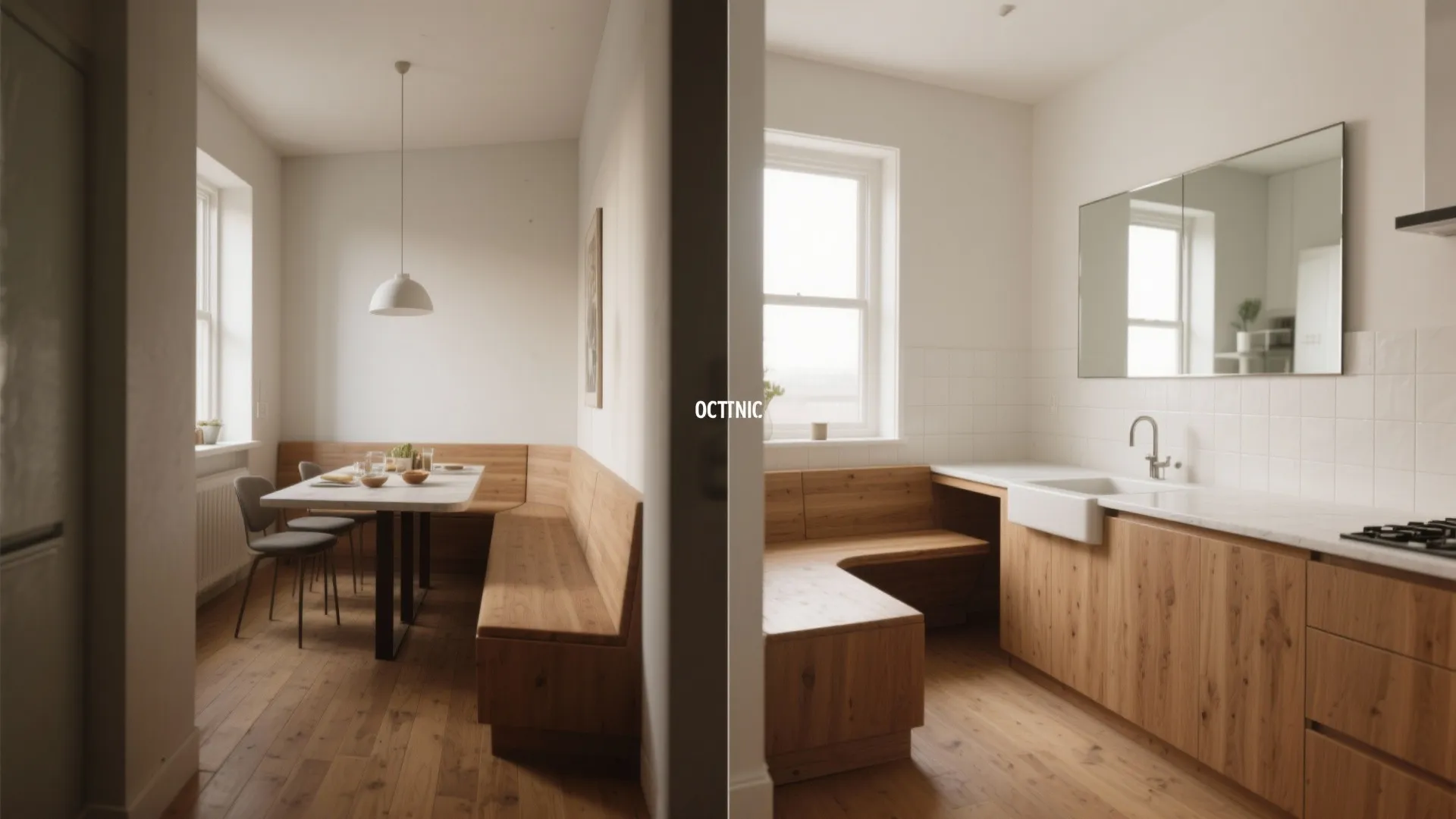 Before-and-after comparison showing a mirror backsplash, continuous flooring, and multi-use seating that makes the kitchen feel larger.