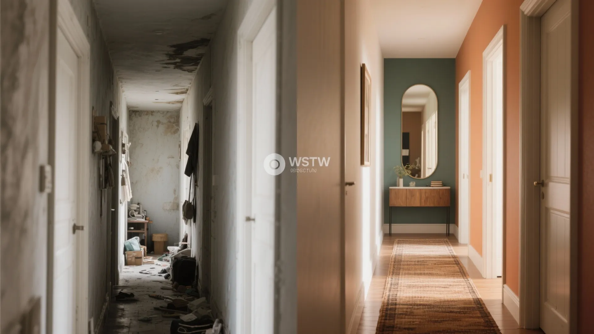 Before and after comparison of a messy dark hallway versus a clean bright decorated entry way