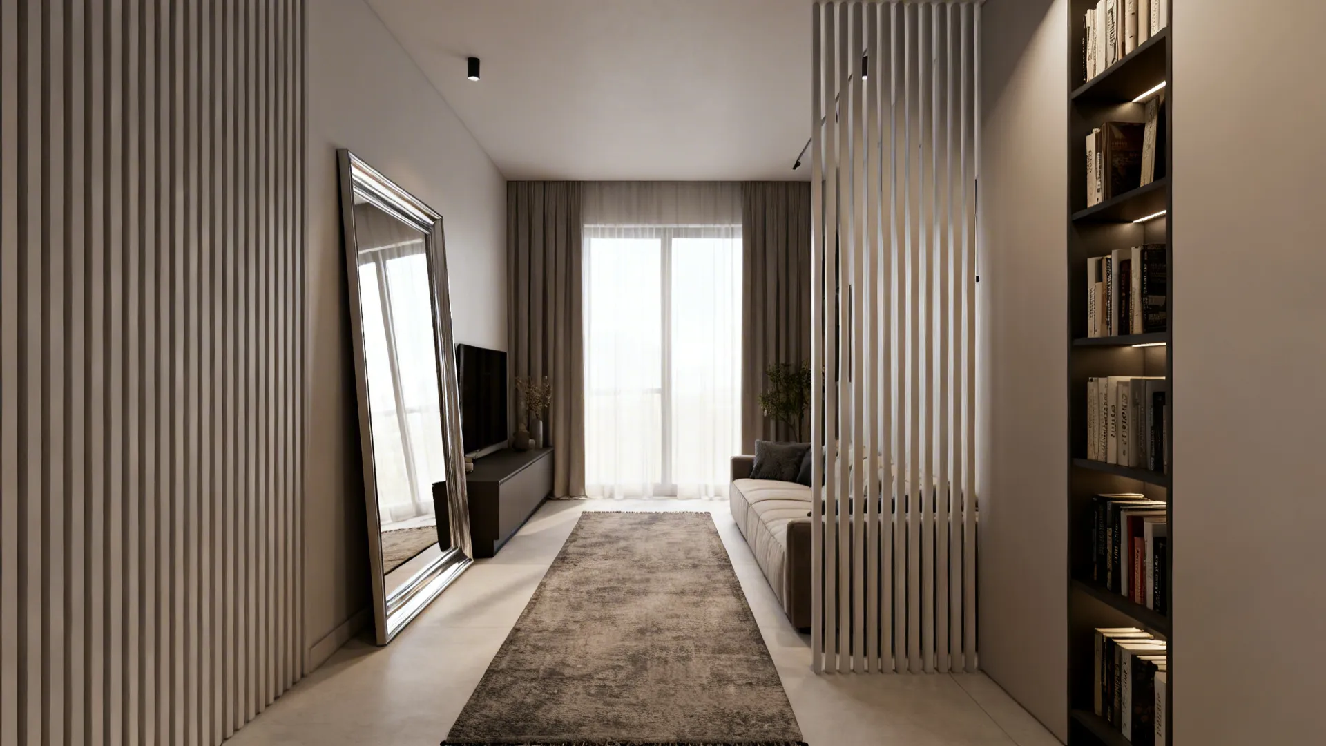 Mirror reflecting window light, long rug and vertical slatted panel in a small living room