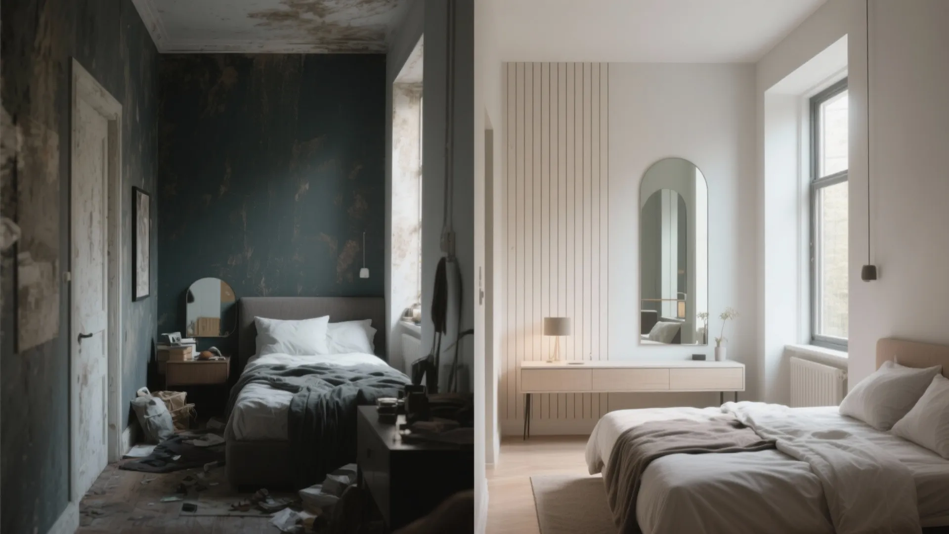 Before and after comparison of a messy dark bedroom transformed into a bright modern bedroom