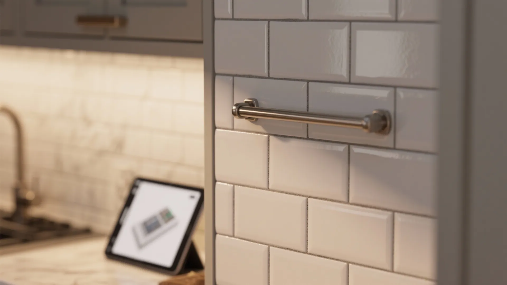 Close-up of vertical tile and consistent hardware with a blurred 3D preview on a tablet in the background.