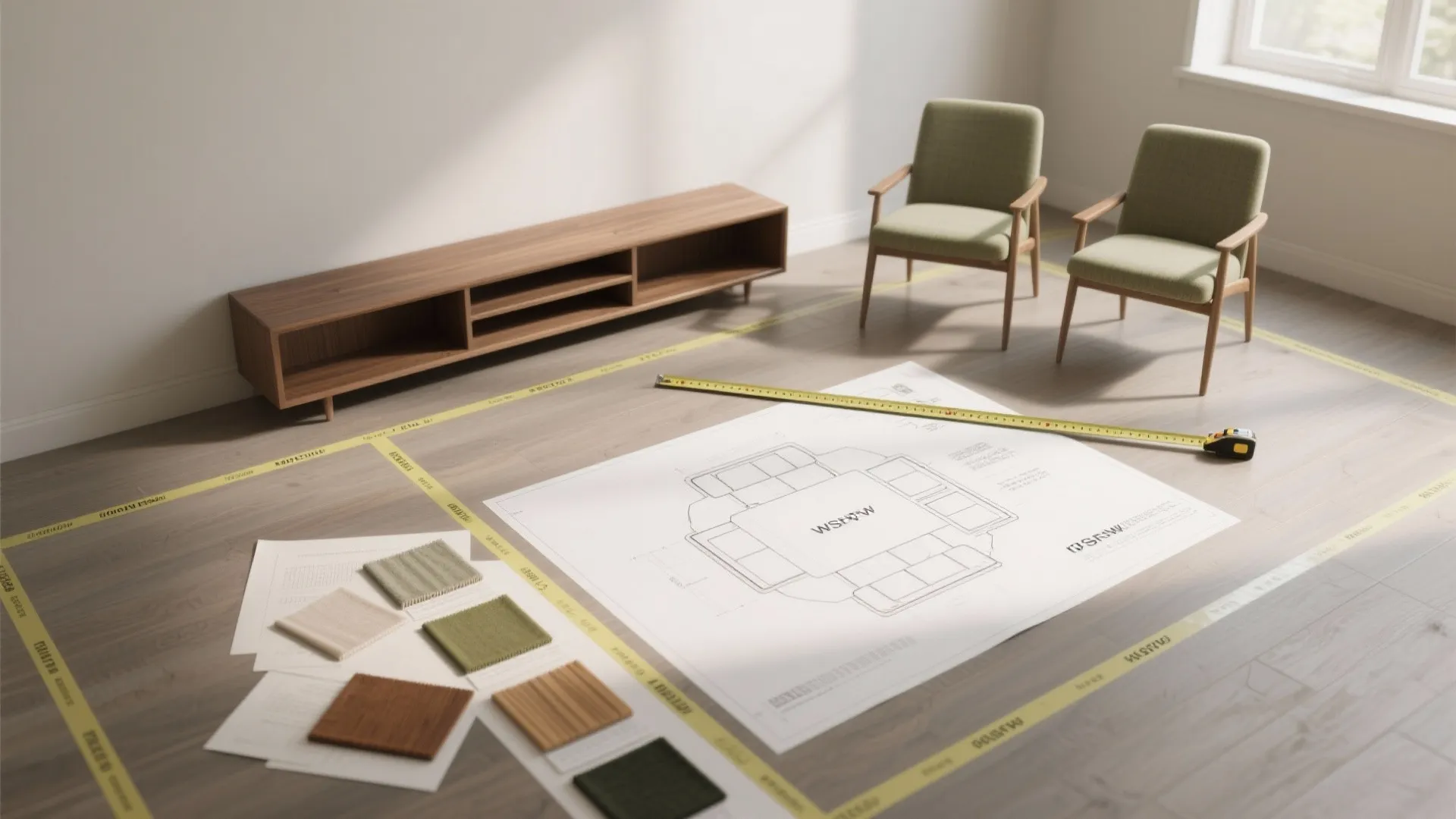 Interior design drawing on floor with measuring tape beside wooden cabinet and green upholstered chairs