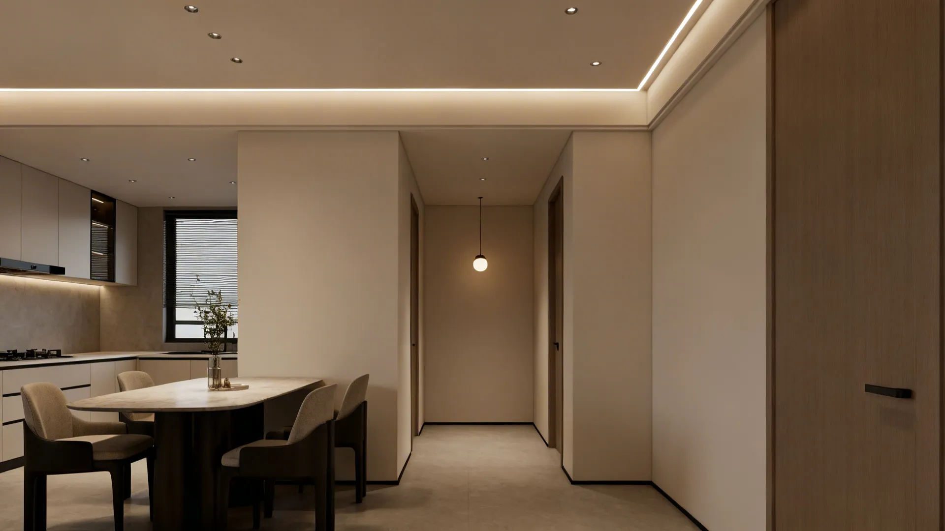 Modern hallway with warm lighting and a kitchen dining table with marble top and chairs