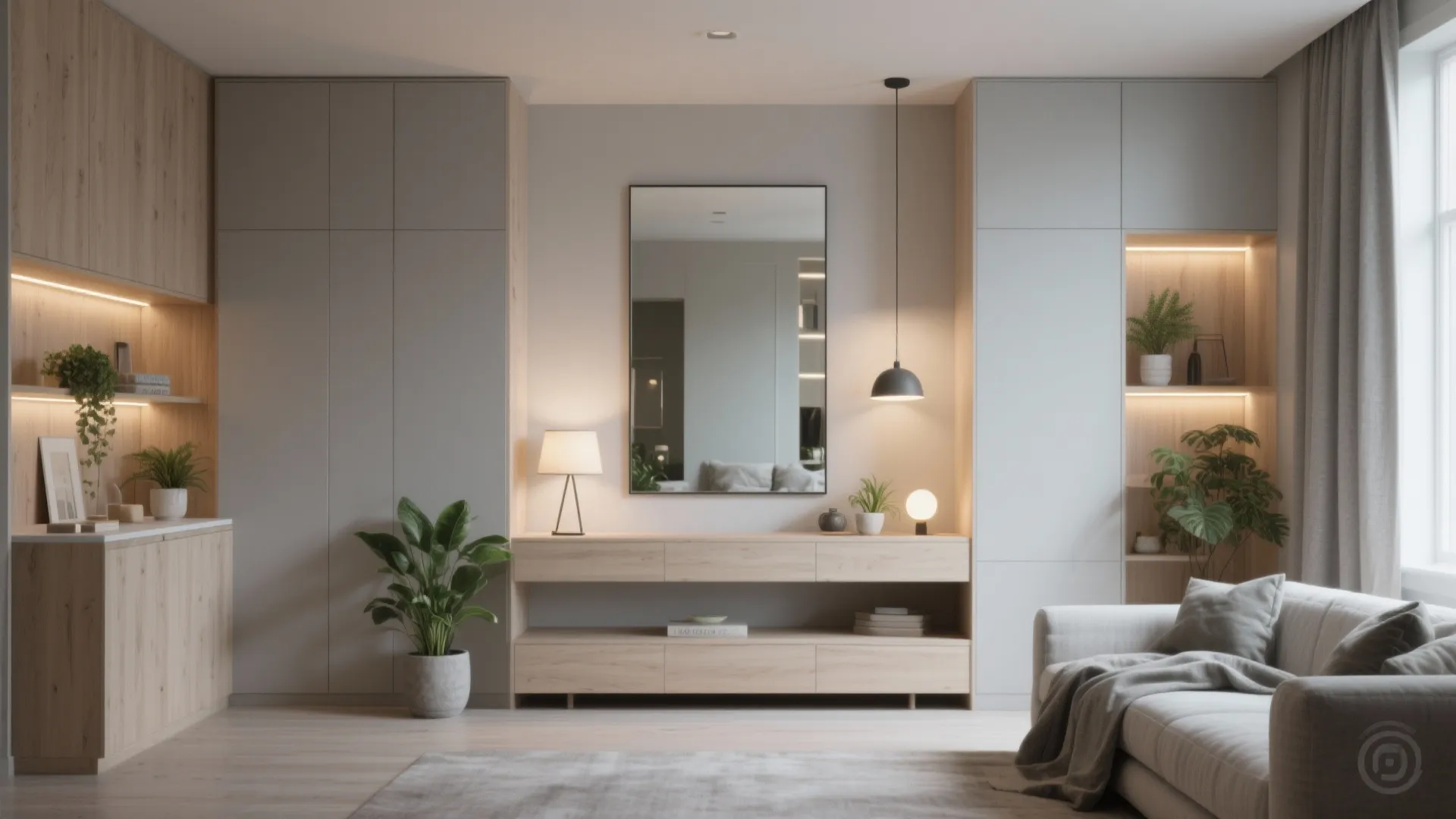 4. Visual unity: consistent palette, mirrored walls, and layered lighting