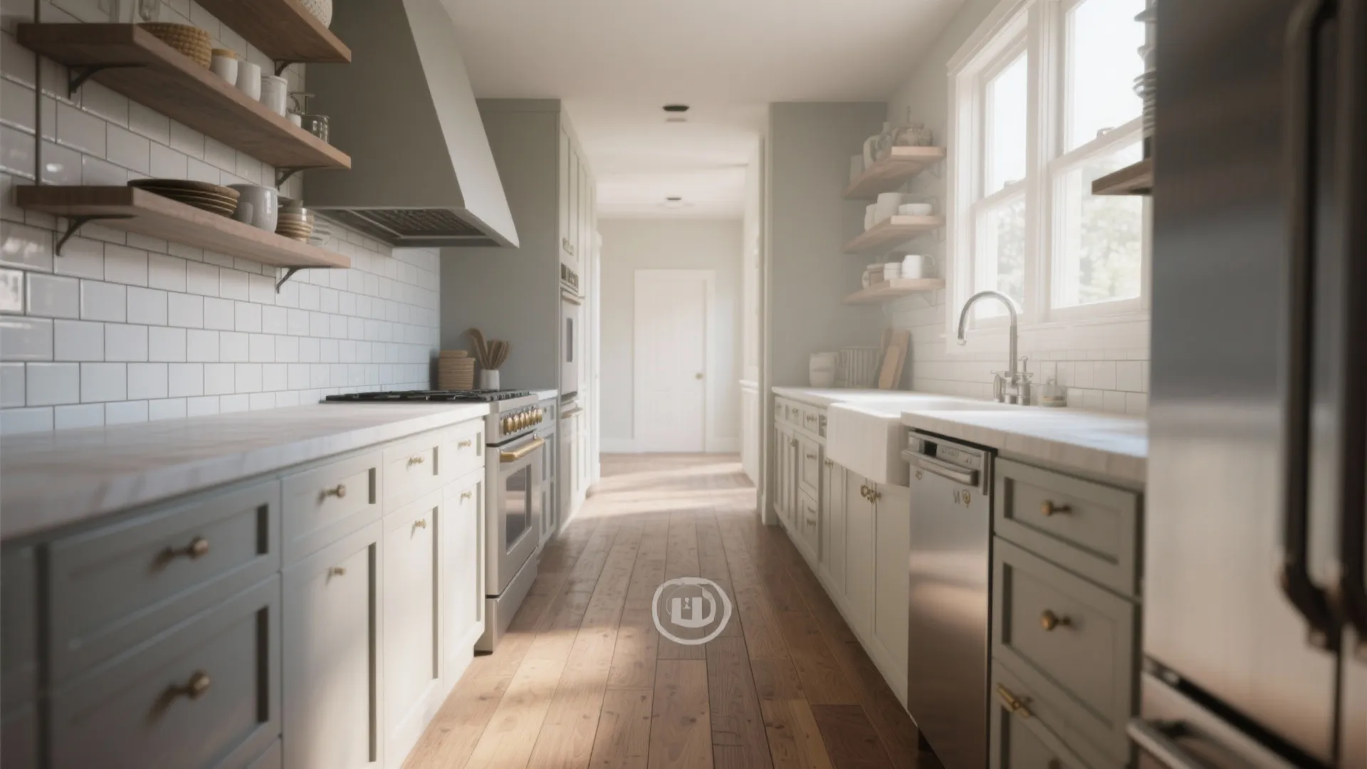 Bright white kitchen with grey cabinets wooden floors open shelves gas stove and large window light