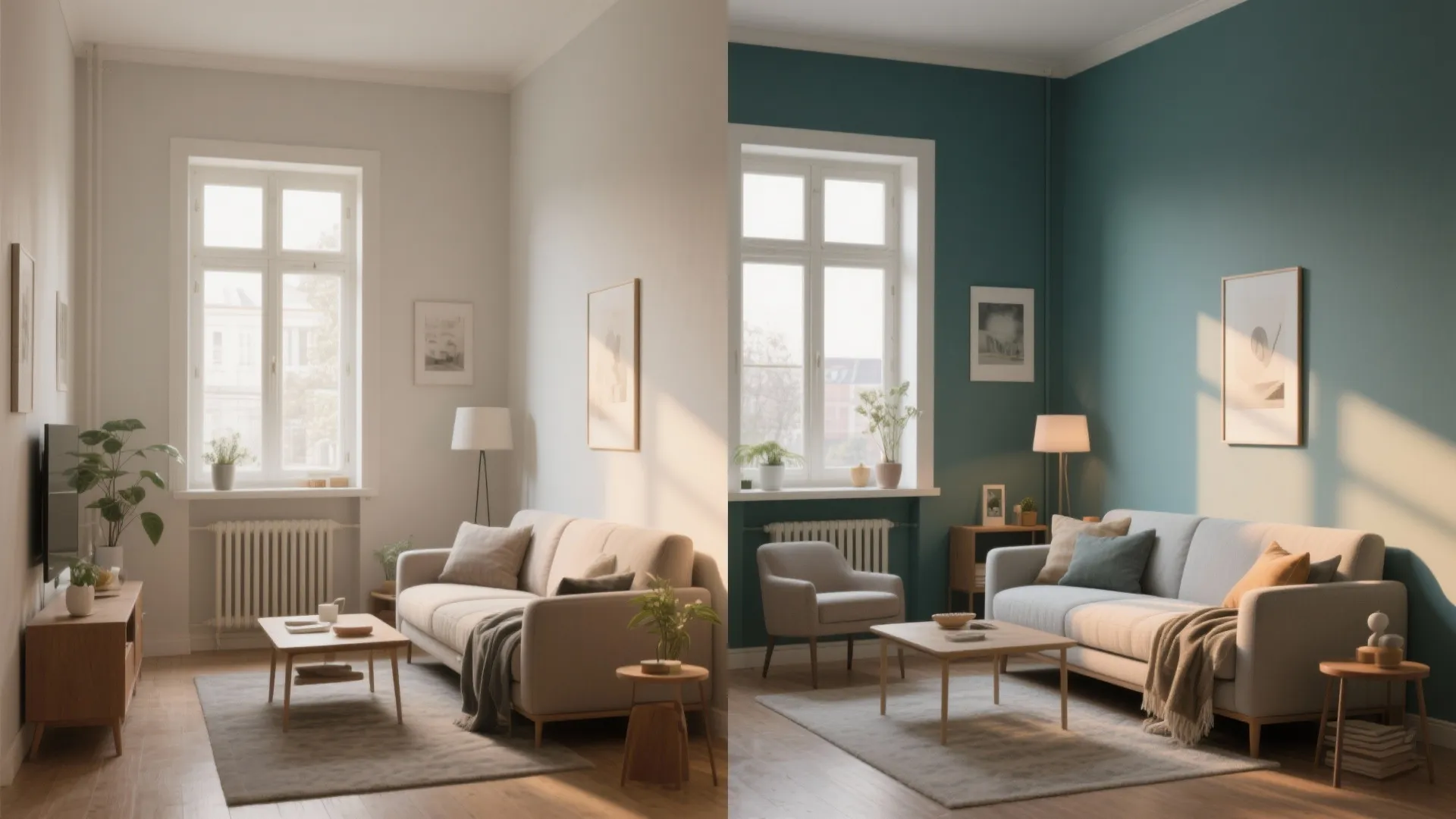 Split view comparison of living room with white walls versus teal blue accent wall design