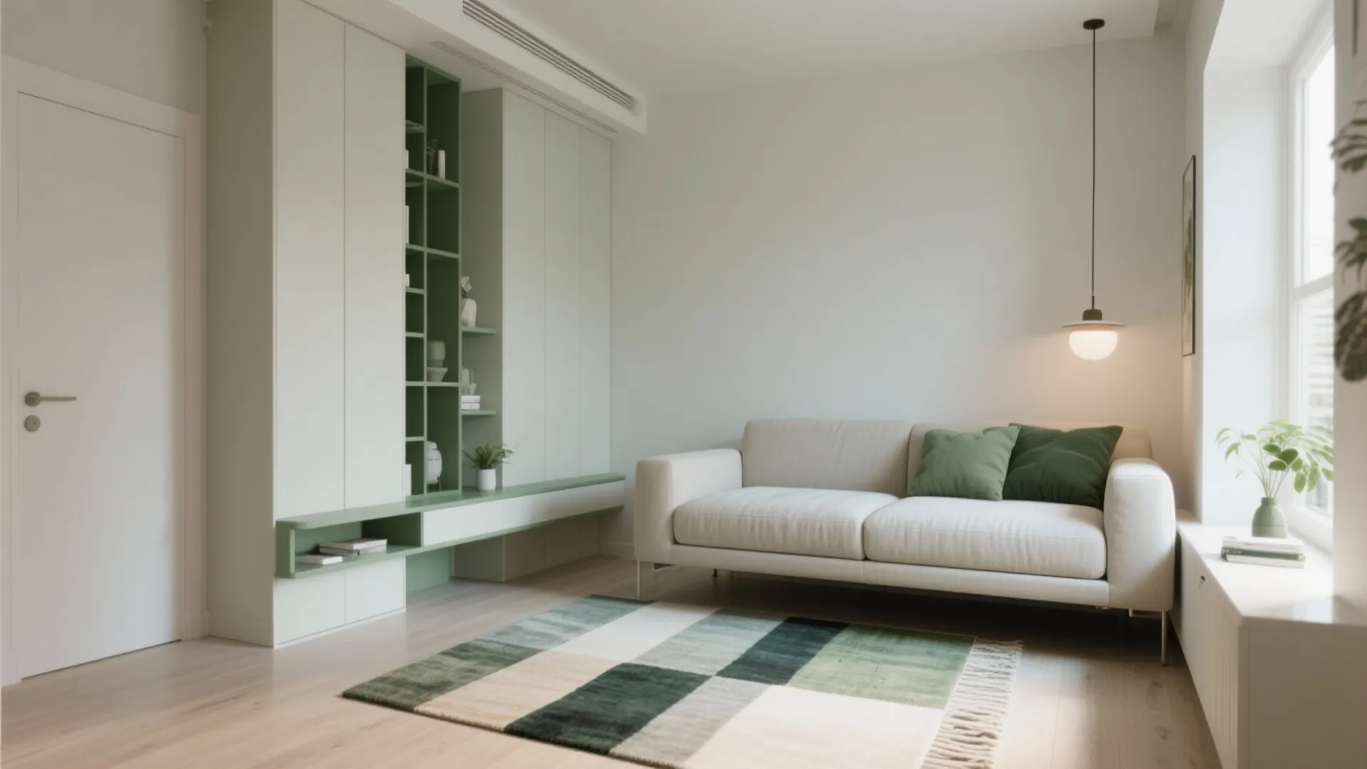 Minimalist living room with white sofa green pillows green cabinet white walls and a ceiling light