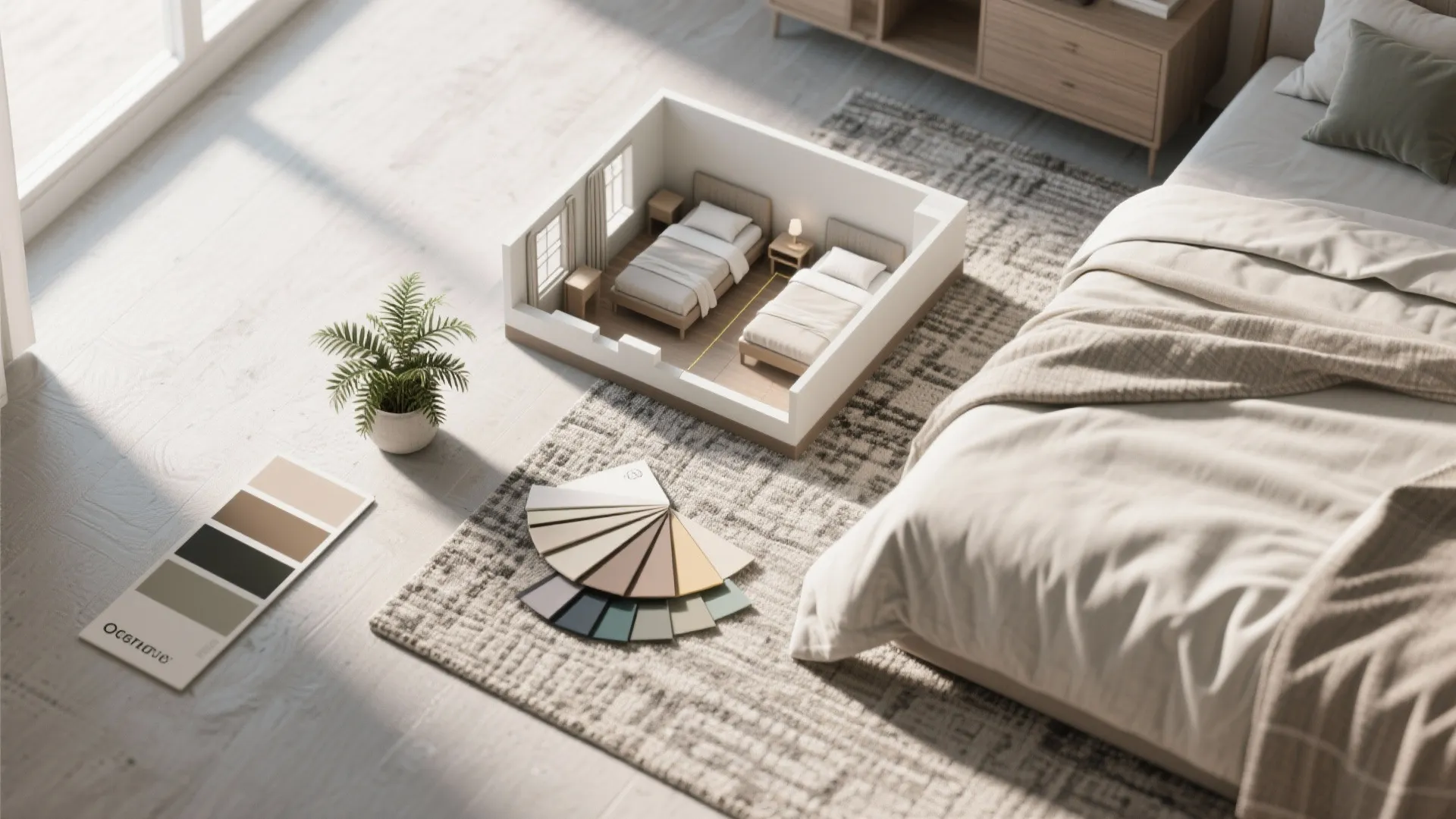 Small bedroom interior design model with color palette samples on a grey rug near bed
