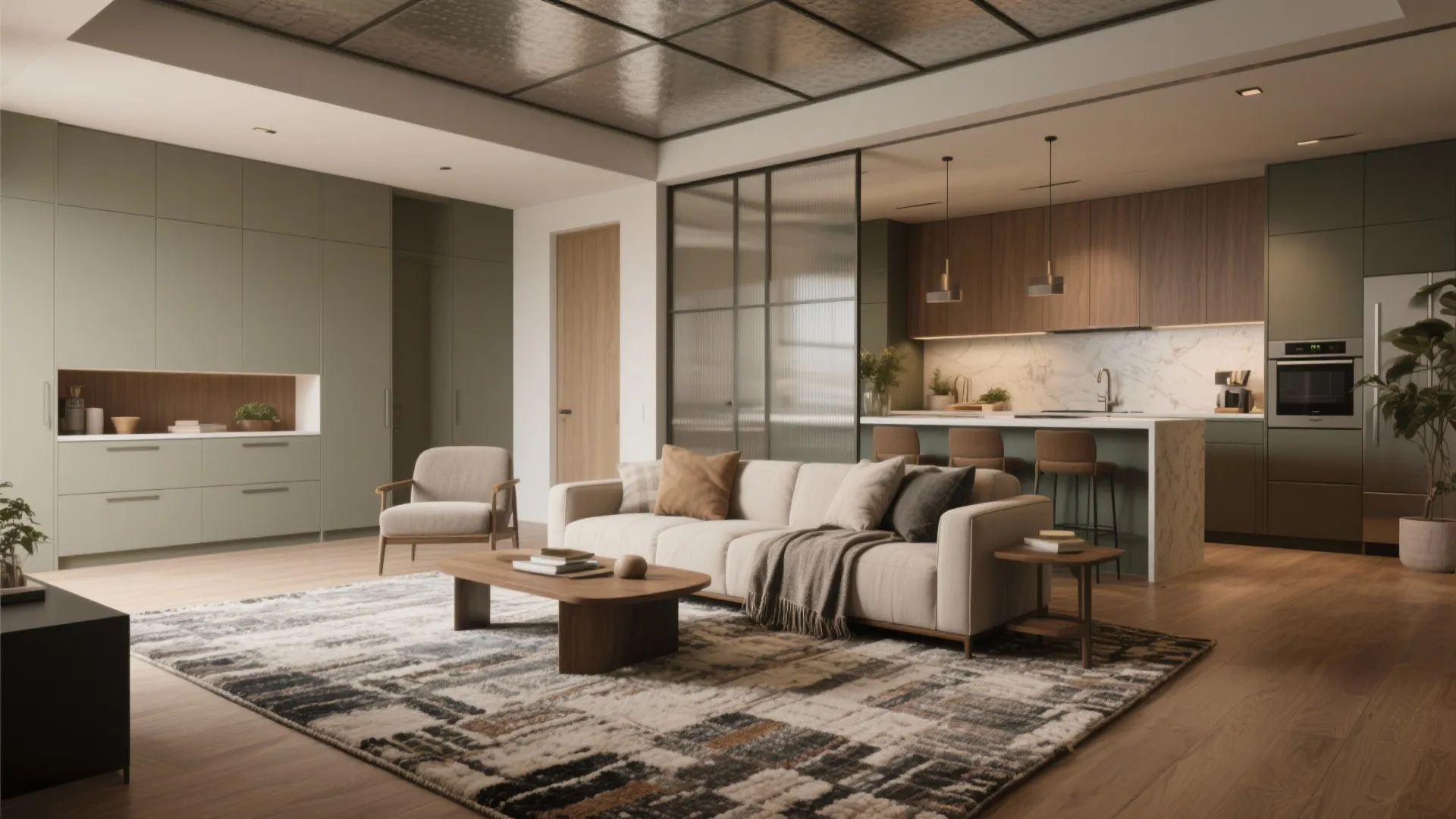 Modern open plan living room with cream sofa green cabinets wooden floor and glass room divider