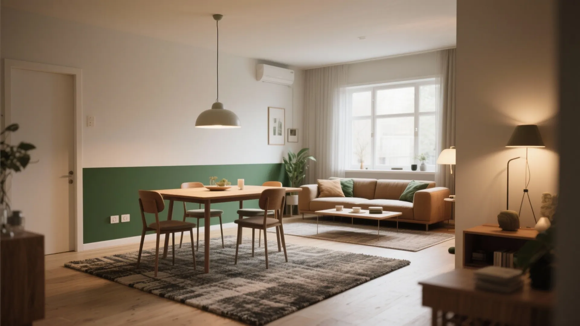 3. Visually zone with rugs, lighting, and finishes