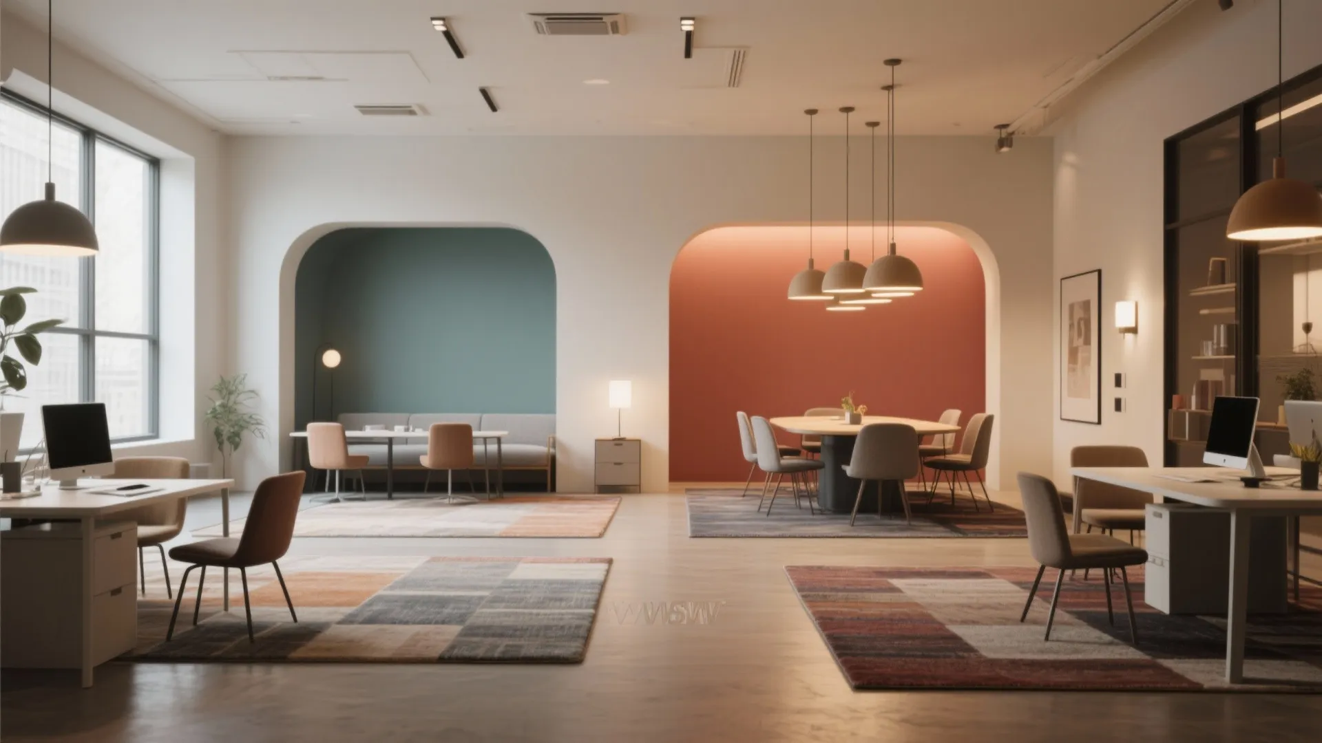 2. Visual zoning with rugs, lighting, and color