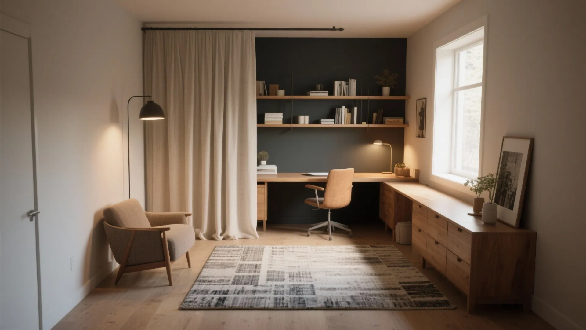 5. Visual separation with rugs, curtains, and shelves