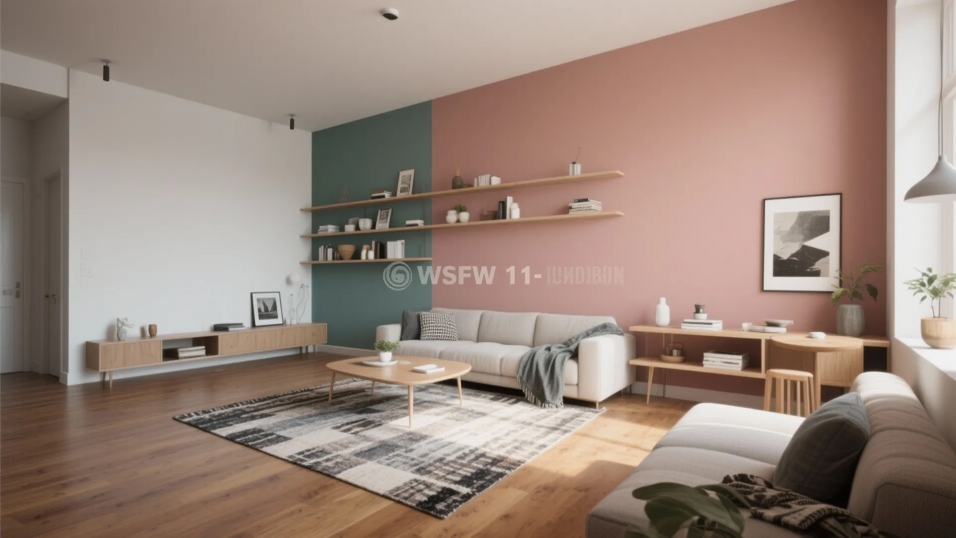 2. Visual zoning with color, rugs and open shelving