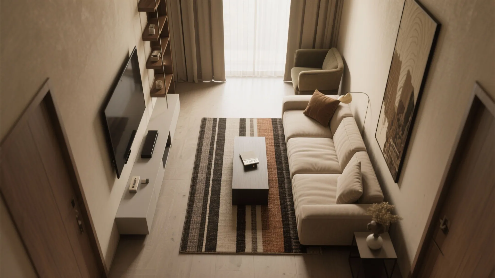 3. Visual zoning with rugs and low shelving