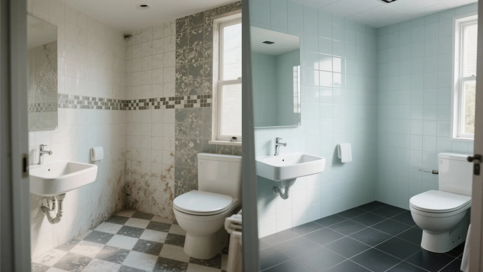 Before and after comparison of an old messy bathroom and a clean new blue tiled bathroom