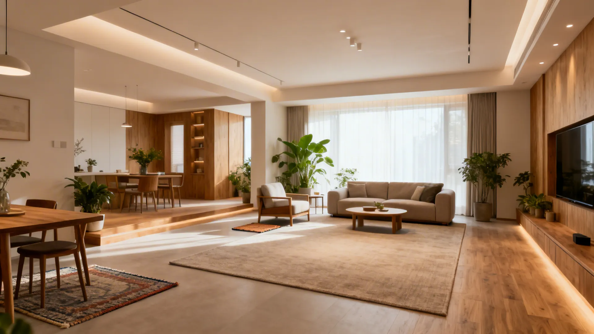 Before-and-after small living room showing messy layout versus unified rug and clear flow.
